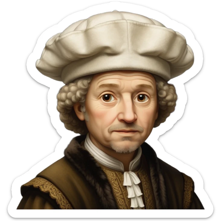 emoji of rembrandt,-shown-as-a-master-artist-with-deep,-introspective-eyes-and-richly-detailed-period-clothing,-rendered-with-dramatic-chiaroscuro-lighting-that-emphasizes-his-legacy white puffy hat sticker