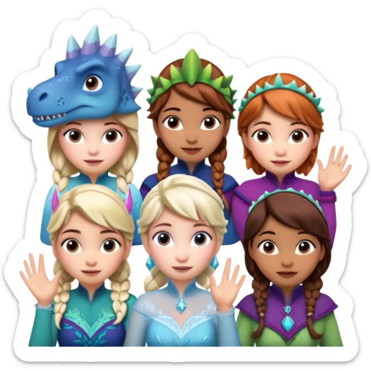 4 chicas montadas en una atraccion de levantando la mano con orejas de dines puestas en una atracción, la barca esta diseñada con dibujos de frozen sticker