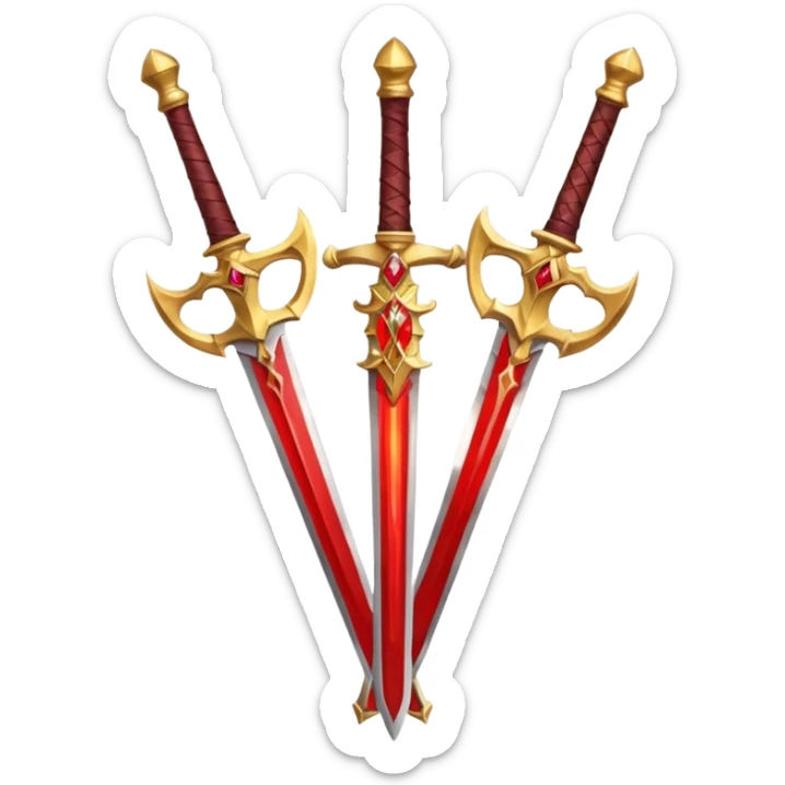 Two crossed swords that are golden in blade and handle and have fiery and royal appearence to them as well as red gem stones sticker