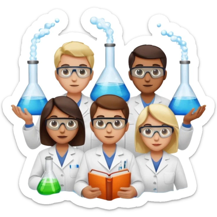 The team of scientists is waist-deep, surrounded by chemical flasks and books sticker