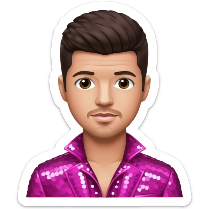 Robin Thicke with dark brown hair, dark pink sequin outfit, light skin sticker