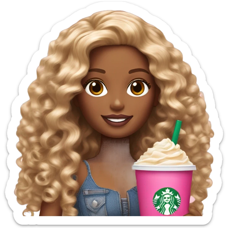 Barbie girl with brown and blonde ombré long curly hair holding Pink starbucks refresher sticker