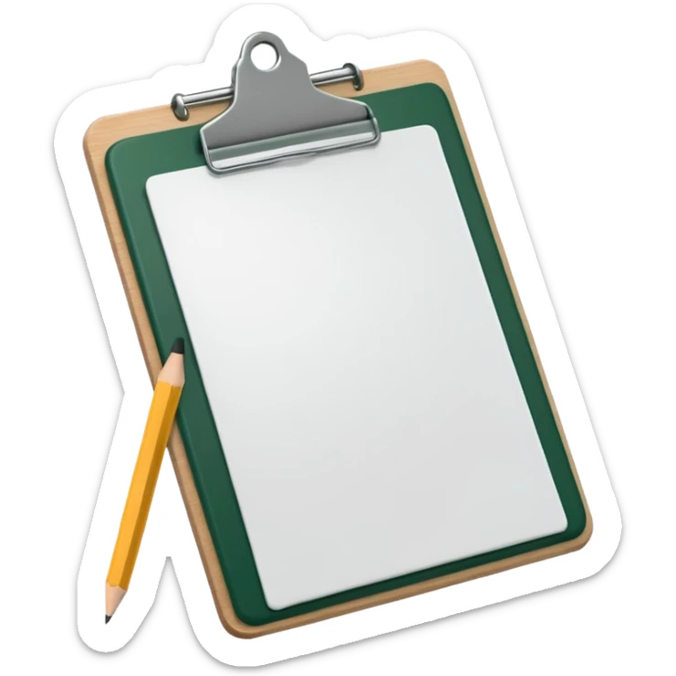 white sheet of paper with dark green clipboard and pencil on top, iOS emoji style, minimalism sticker