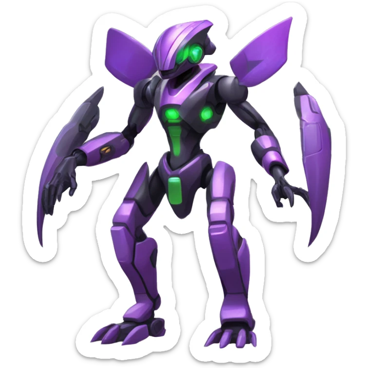a shiny black-green-purple Genesect-Raptor-Fakémon-Medabot-hybrid with a futuristic visor-helmet full body sticker