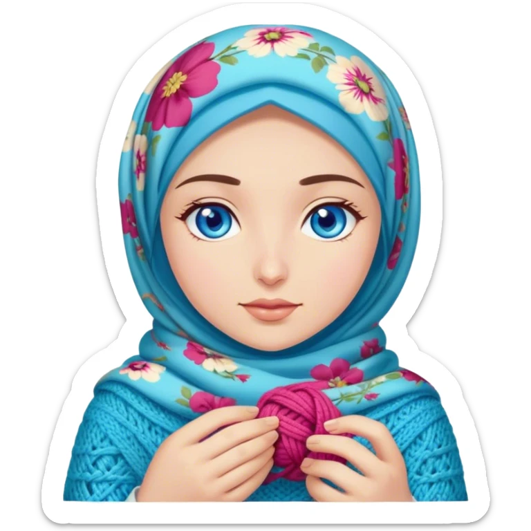 Turkish beautiful finish Konya girl blue eyes with floral hijab does knitting  sticker