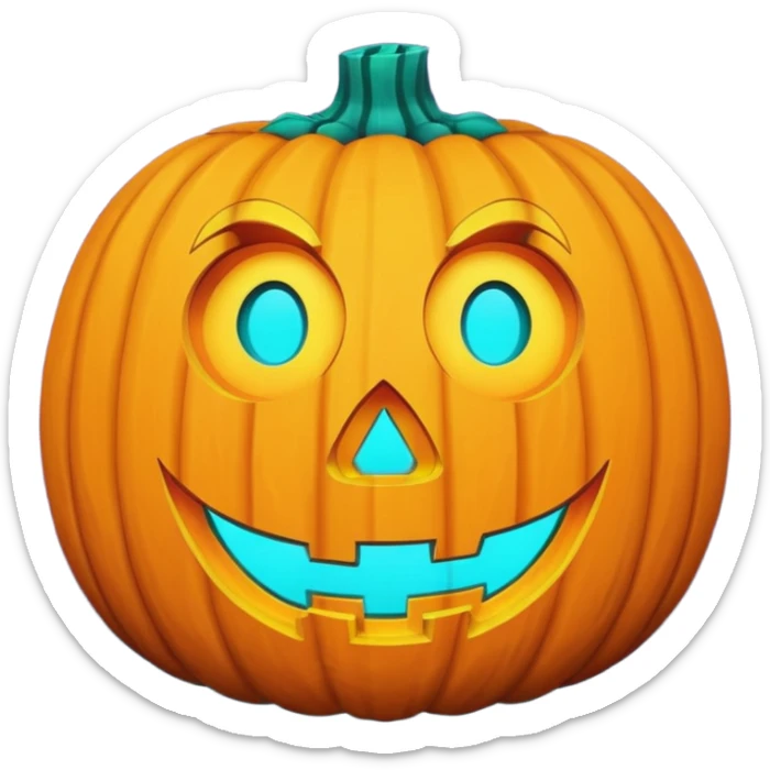 futuristic glowing jack-o-lantern emoji face, only purple and cyan carved glow, dark background sticker