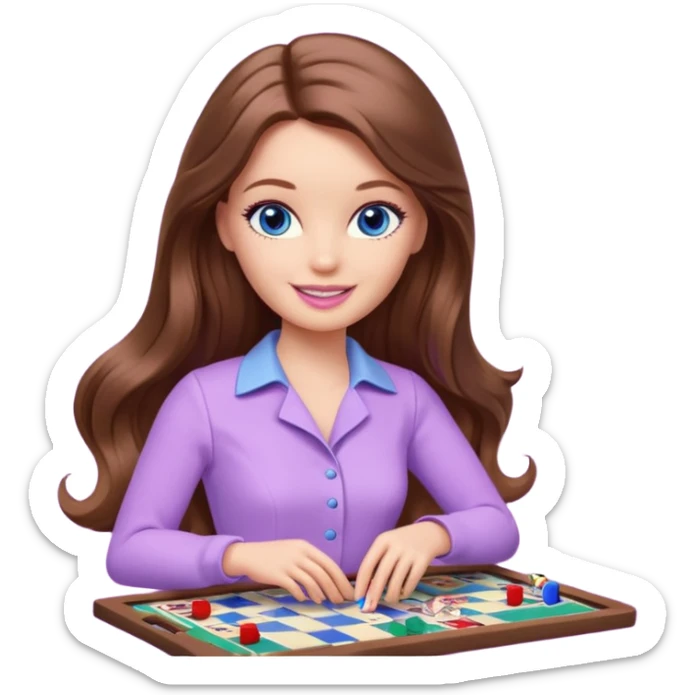 beautiful barbie girl with long brown hair, blue eyes and wearing light purple clothes playing board games sticker