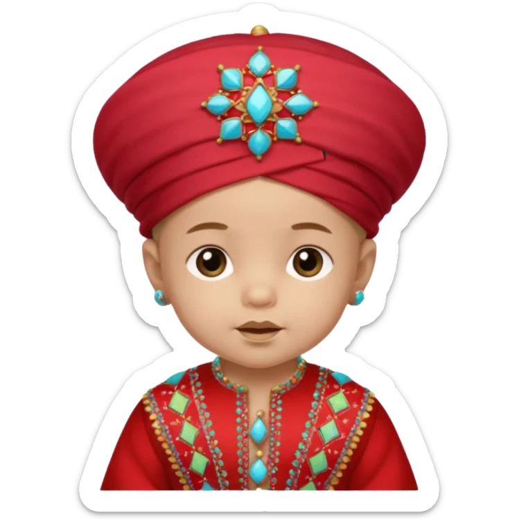  baby boy dressed in colorful ghalibiya with delicate decorations with a red Moracain hat sticker