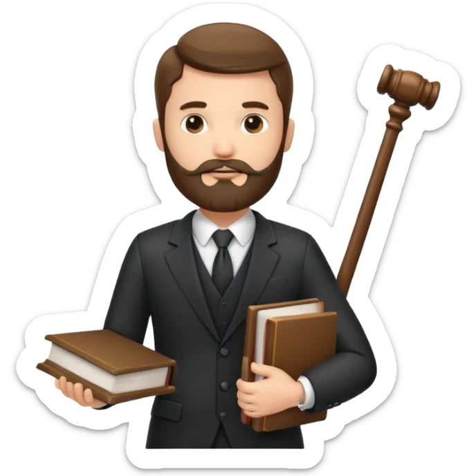 Create a male lawyer. he is wearing a fromal suit jckeret. He is holding a gavel in one hand and a book tucked under his another arm. He has beard  sticker