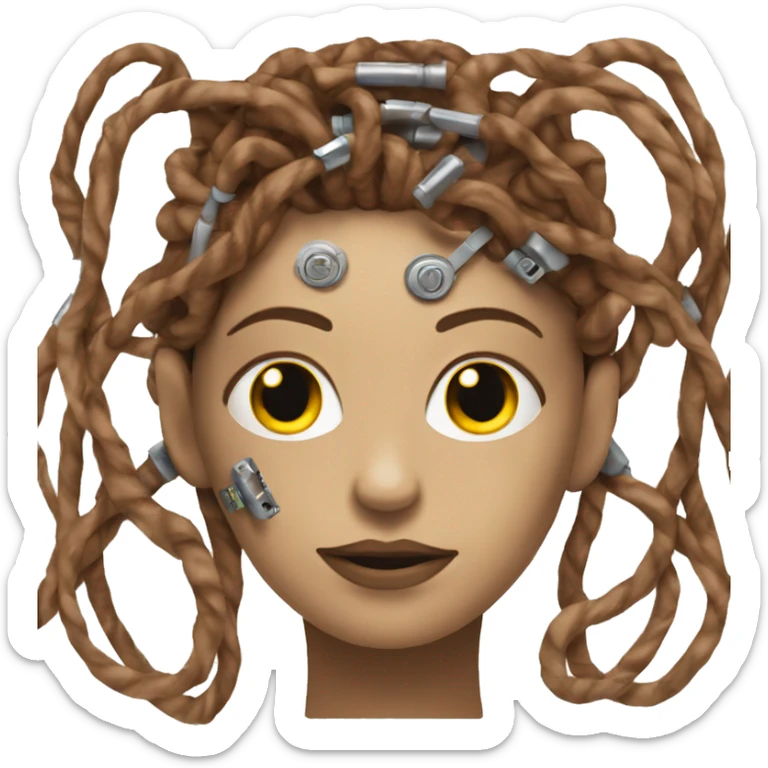 metal female cyborg face with long brown curly hair and circuitry sticker