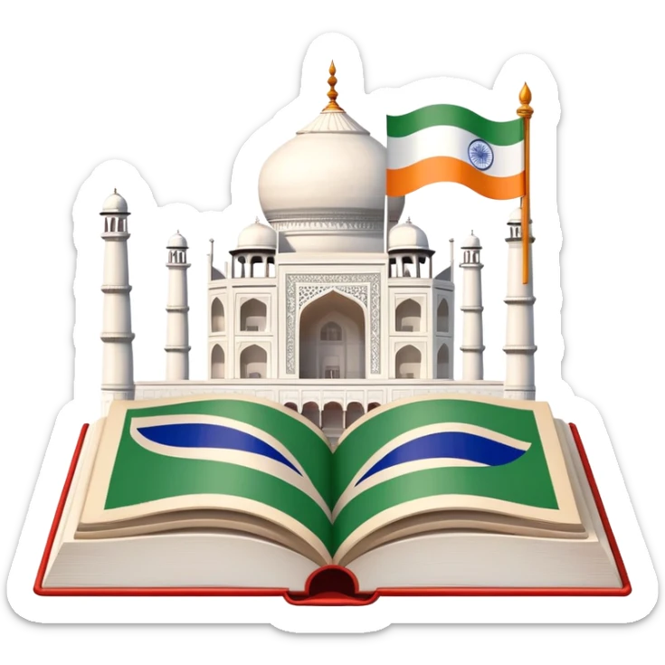 An icon featuring the Taj Mahal and the flag of India, symbolizing the Hindi language. The design includes an open book with Hindi script, representing language learning and cultural richness. Transparent background highlights the heritage of India. sticker