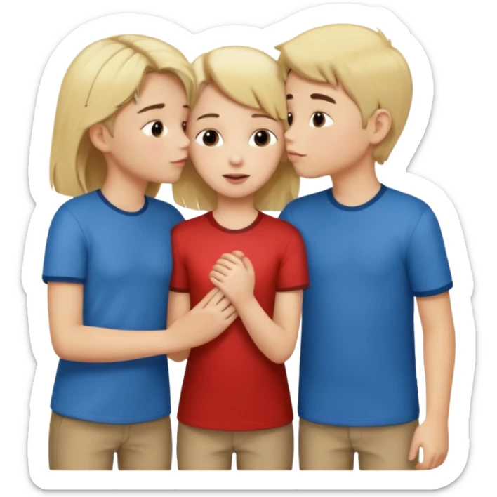 iOS emoji style.
One girl, two boys.
The girl is holding hands with one boy and kissing the other boy at the same time.
Both boys are male, one blond, one brunette.
All characters are human, not female duplicates. sticker
