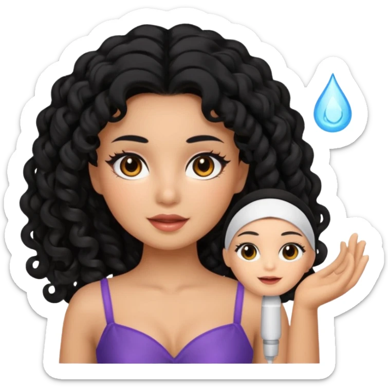 Uma boneca morena com olhos castanhos e cabelo cacheado longo preto, fazendo skin care sticker
