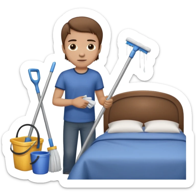 Man with light skin, brown hair, and brown eyes, cleaning a bedroom  sticker