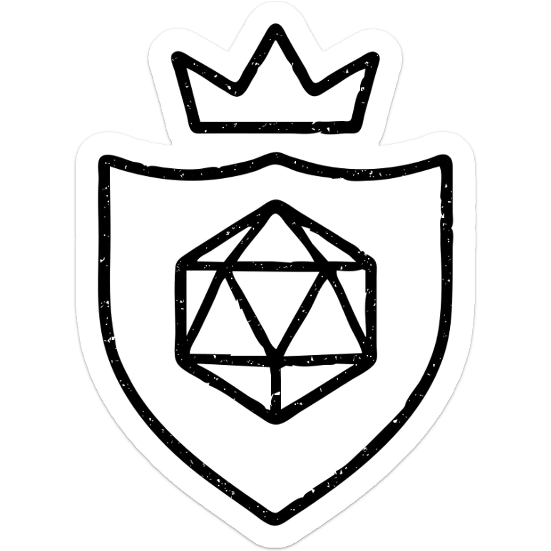 minimalist outlined icon of a shield, crown, or DM screen with DnD/RPG hint, very worn and distressed effect sticker