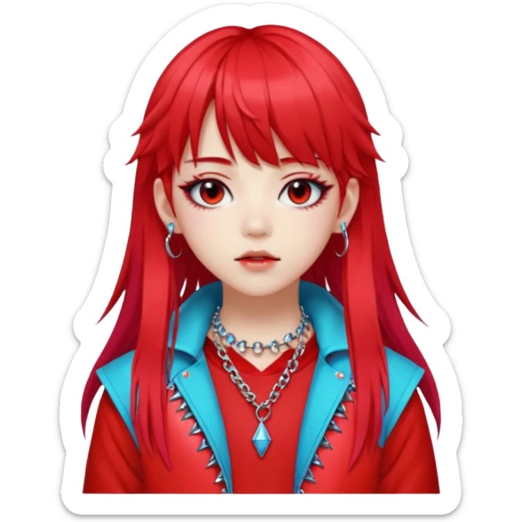  portrait-of-a-red devil-k-pop-idol,-wearing-a-stylish-streetwear-outfit-with-layered-colorful-clothing,-long-hair-with-bangs,-makeup,- sticker