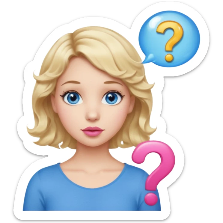 Girl Blonde short wavy hair,  blue eyes, cute blue top, long lashes, pink lips, question mark bubble sticker