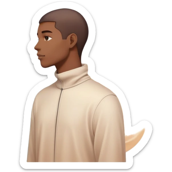 Minimalist male profile surrounded by ethereal energy waves with clothing items and accessories floating around it, style inspiration concept sticker