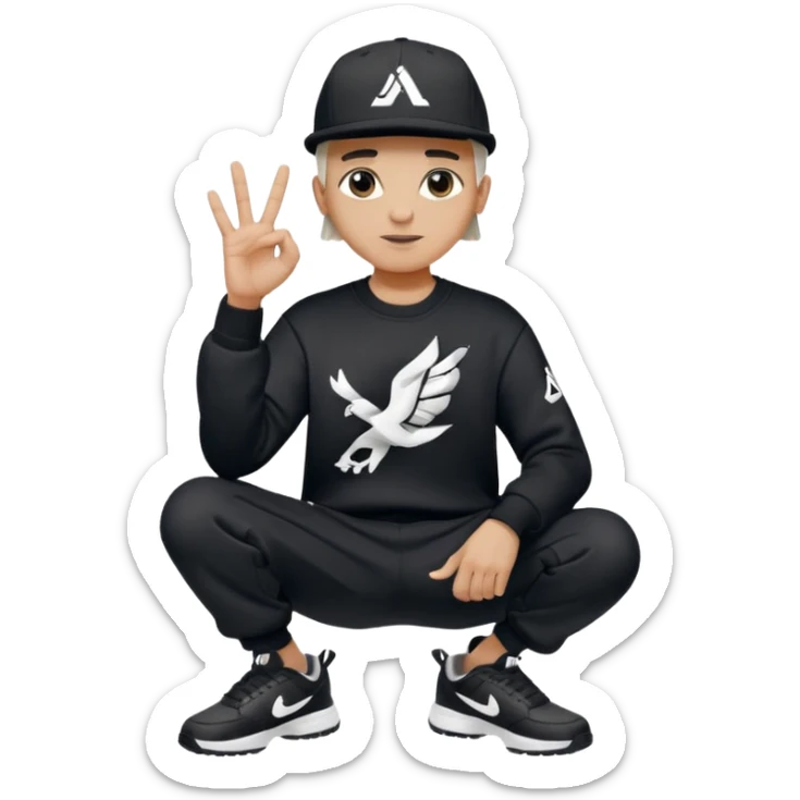 Crea Un Emoji De Cuerpo Completo Que Sea Hombre Con Corte Alucin Que Tenga Gorra Nike, Suéter Negro Que Tenga La Letras LA El La Parte Del Corazón, Zapatos Adidas Con Una Palomita✅, Pantalón Ancho O Bellaco Con Unos Diseños De Palomas Blancas Y Asiendo Una Pose Con Su Mano Que Sea Está 🤙🏽. sticker
