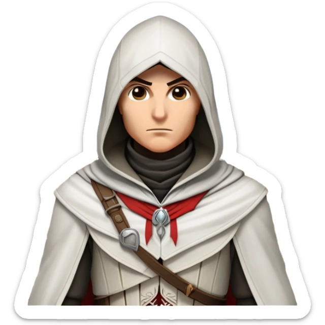 icon featuring Assasin's Creed in an iconic assassin's hood, standing tall against the backdrop of Florence. The design captures the essence of adventure, with intricate details of historical architecture and a sense of mystery. The character is poised, ready for action. transparent background. sticker
