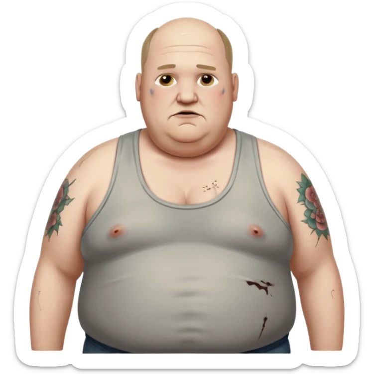 extremely morbidly obese middle aged white man in wifebeater with  dirty appearance. His hair is balding and grey and greasy sticker