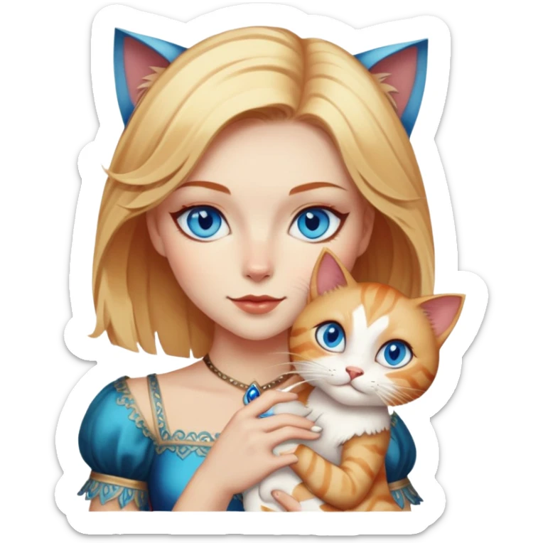Blue-eyed blonde, slightly red-haired, short hair, just above her shoulders. in her arms is a cat with blue eyes, breed: Nevsky-masquerade. sticker