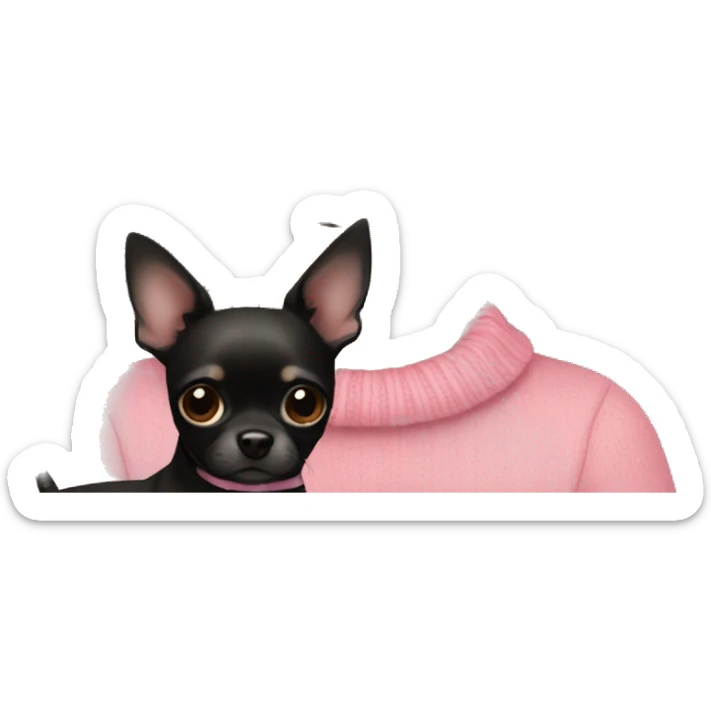 Girl with dark brown curly hair and brown eyes in a pink sweater holding a black chihuahua  sticker