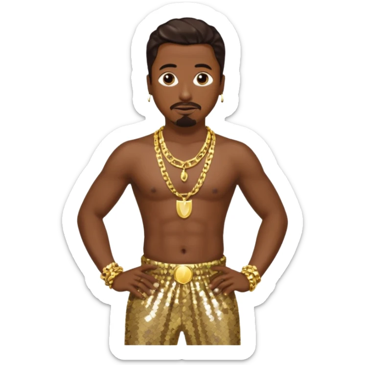 MC Hammer with dark brown hair, gold sequin harem pants, shirtless with necklace sticker