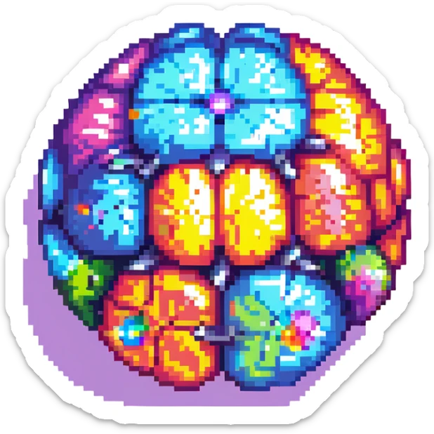 Add a colorful, vibrant core to the brain, making the center of the crystal brain glow with multiple bright colors, in pixel art style, with no background. sticker