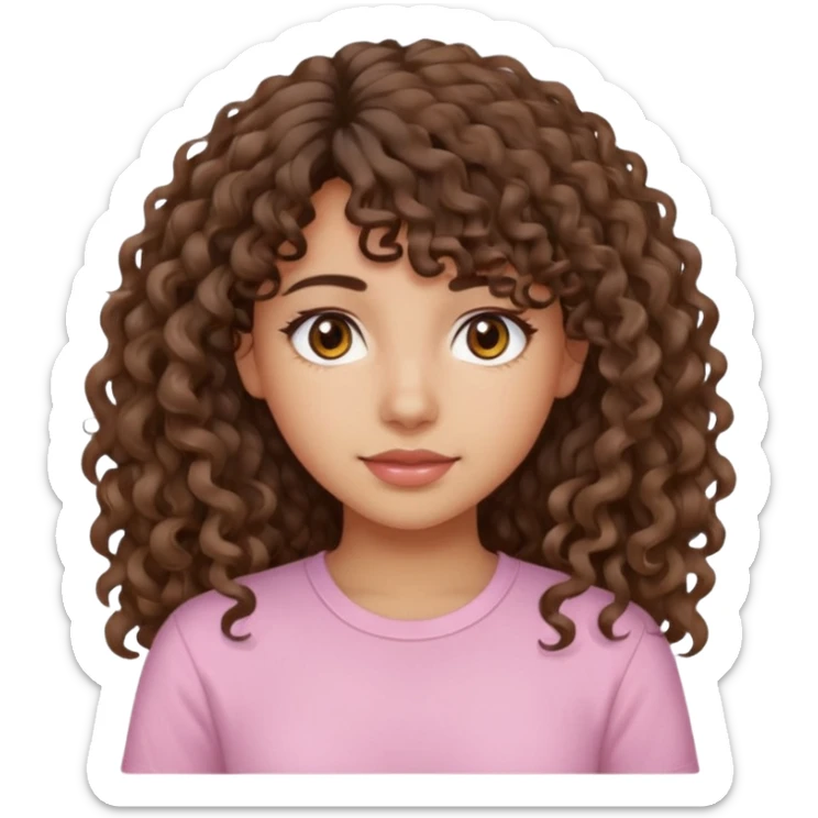 A Latina girl with brown eyes and long loose curly hair with curly bangs with a light pink shirt sticker