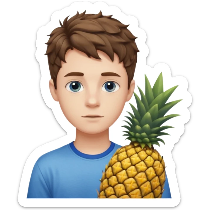 Pale teenage man with short wavy brown hair holding pineapple, prominent jawline, blue eyes sticker