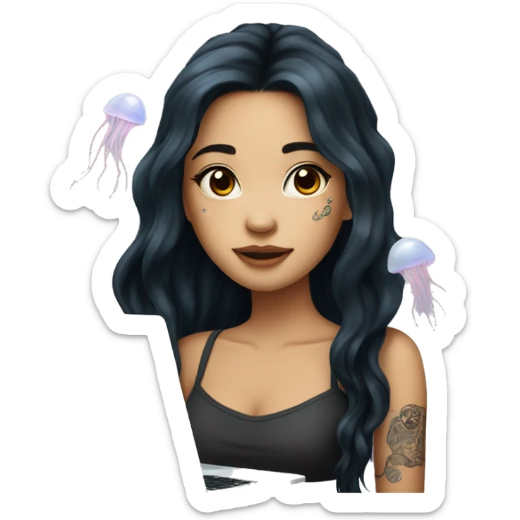 beautiful girl, with jellyfish tattoos, with long black hair, wavy hair, chinese, with laptop sticker