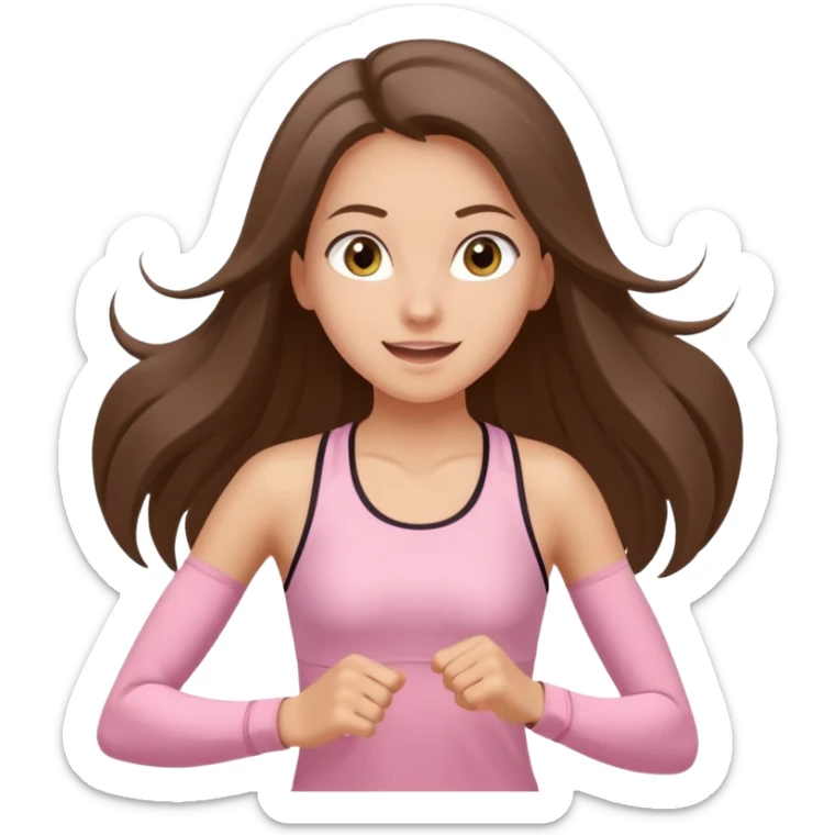 white happy brunette teen long hair with hazel eyes in light pink workout clothes jogging through race finish line sticker