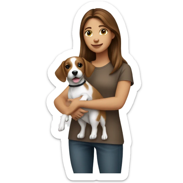 A brown haired girl holding a little jackrussel in golden brown sticker