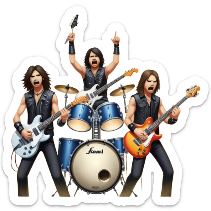 Icon for Heavy Metal Music: 4 men band on stage with electric guitars, drums and intense lighting. 4 Musicians headbanging, surrounded by energy and stage effects, capturing the power and intensity of a metal concert. Transparent background. sticker
