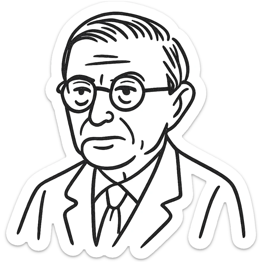 Jean-Paul Sartre as a black outline icon with no fill, hand-drawn look, recognizable philosopher features such as round glasses sticker
