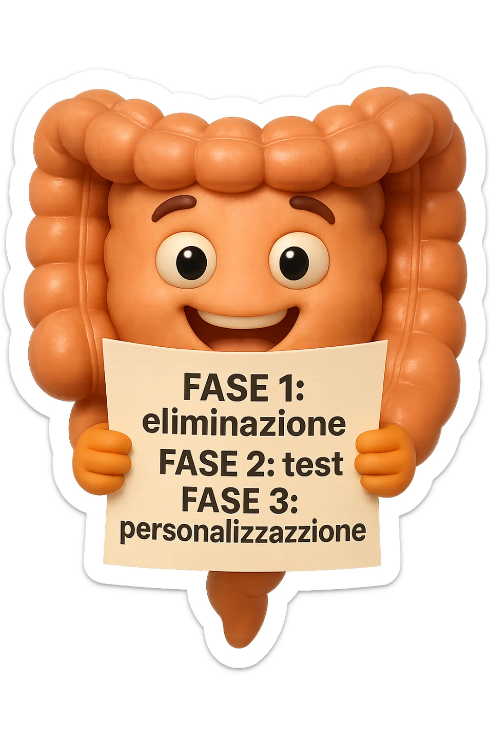 emoji stile iphone 3d di un intestino che tiene in mano un foglio con la scritta "FASE 1: eliminazione, FASE 2: test, FASE 3: personalizzazione, IPERREALISTICO 4K sticker