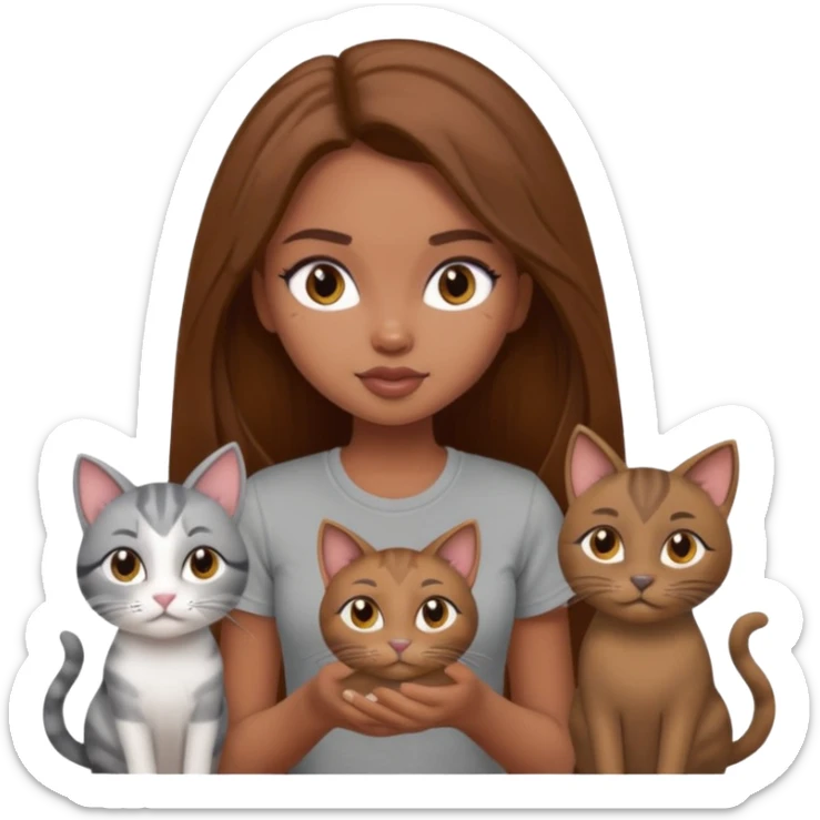 a pretty bratz dusky girl with long brown hair with four cats nd wearing a grey tshirt sticker