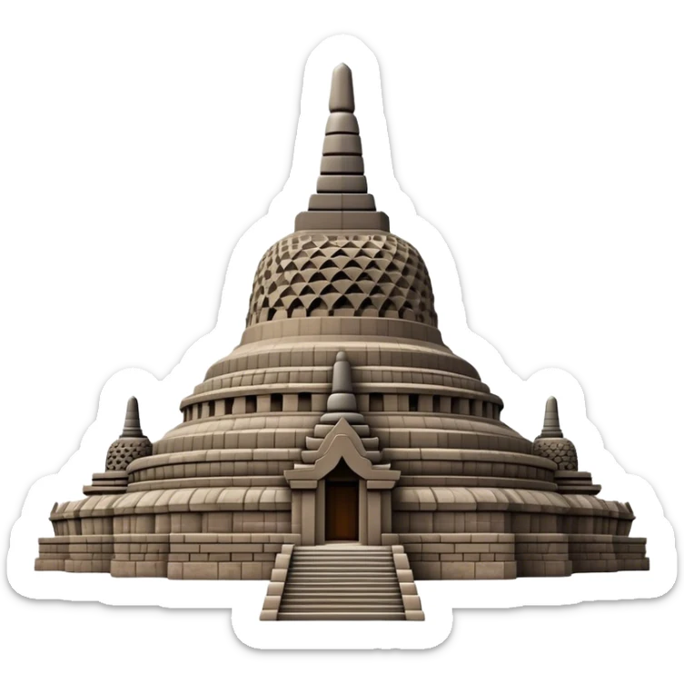 Cinematic Realistic Borobudur Landmark Emoji, showcasing the majestic ancient Buddhist temple rendered with intricate textures and serene, historic lighting. sticker