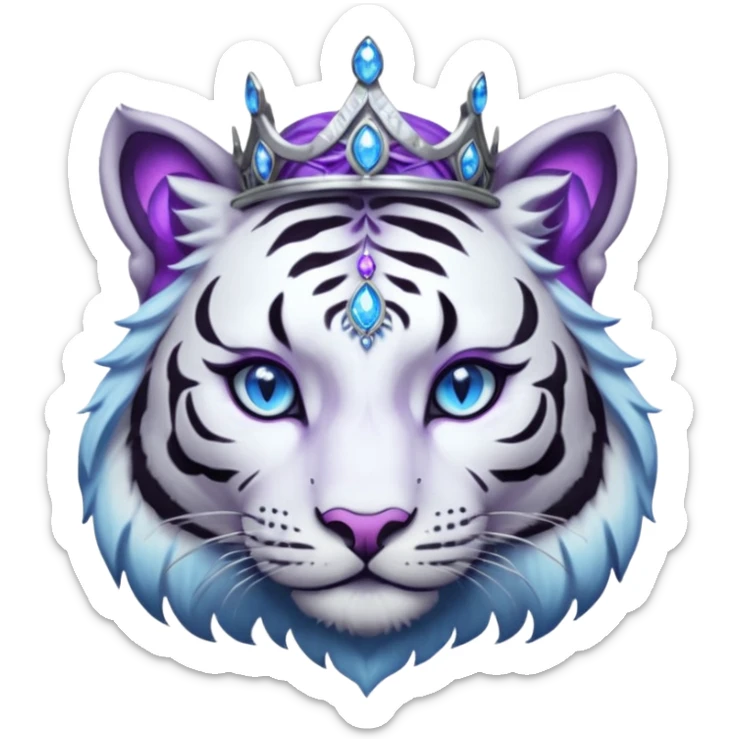 ESO Female white/black tiger khajiit leader of the umbral rose, glowing blue eyes, glowing blue 'third eye' gem; beautiful purple gemmed silver tiara sticker