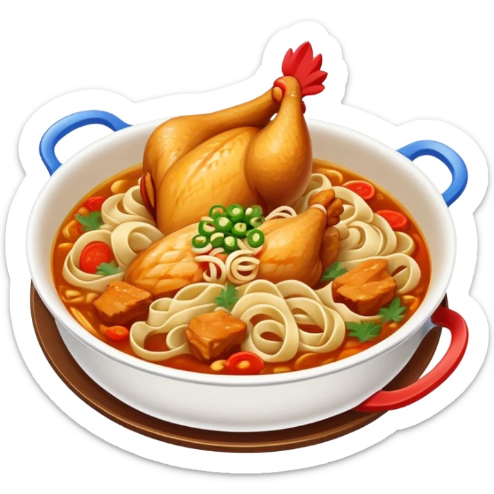 Xinjiang Big Plate Chicken with wide noodles in large dish, simplified emoji style with bold outlines and bright colors, cartoon style spicy chicken stew sticker