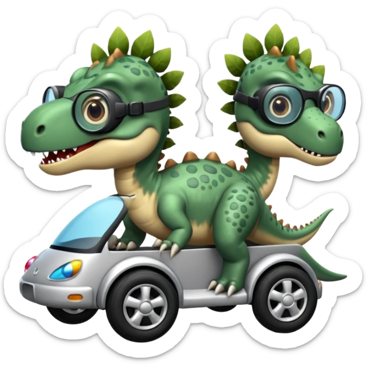 Tres dinosaurios bebés grises cada uno subido en un carro tecnológico blanco con lentes de realidad virtual sticker