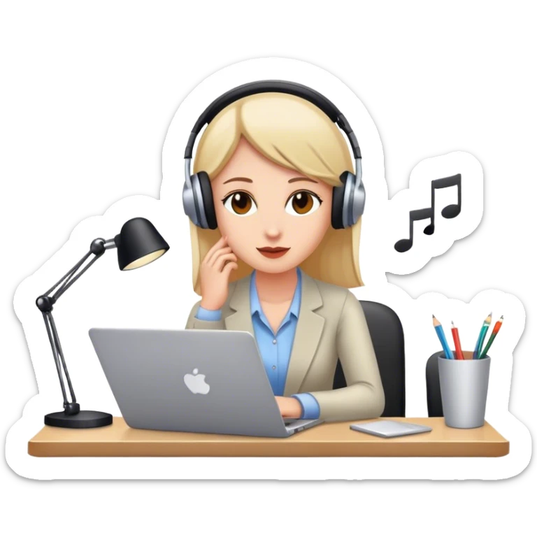 a woman in an office working with laptop listening to music sticker