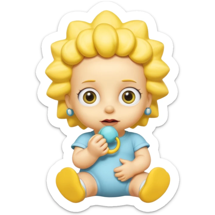 A 3D cartoon baby character fully yellow skin, styled like Maggie Simpson, with pacifier, big eyes, smooth shading, Memoji-style rendering, consistent with other yellow Simpsons characters. sticker