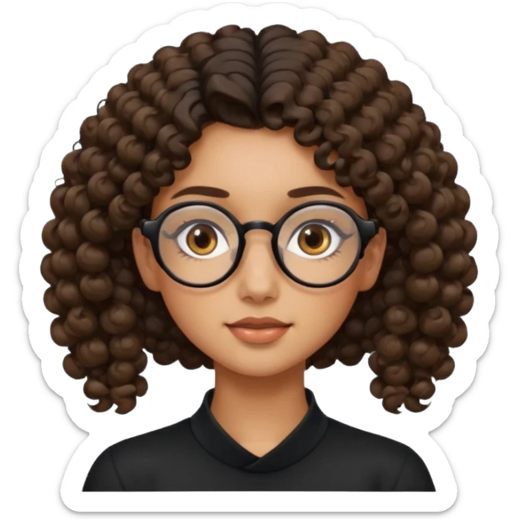un chica con pelo rizado tiene hecha una coleta y con dos rizos sueltos en la parte de alante que le llega hasta el cuello. luego pil un poco morena ojos marrones y tiene gafas negras y son exagonales pero un poco redondeadas. sticker