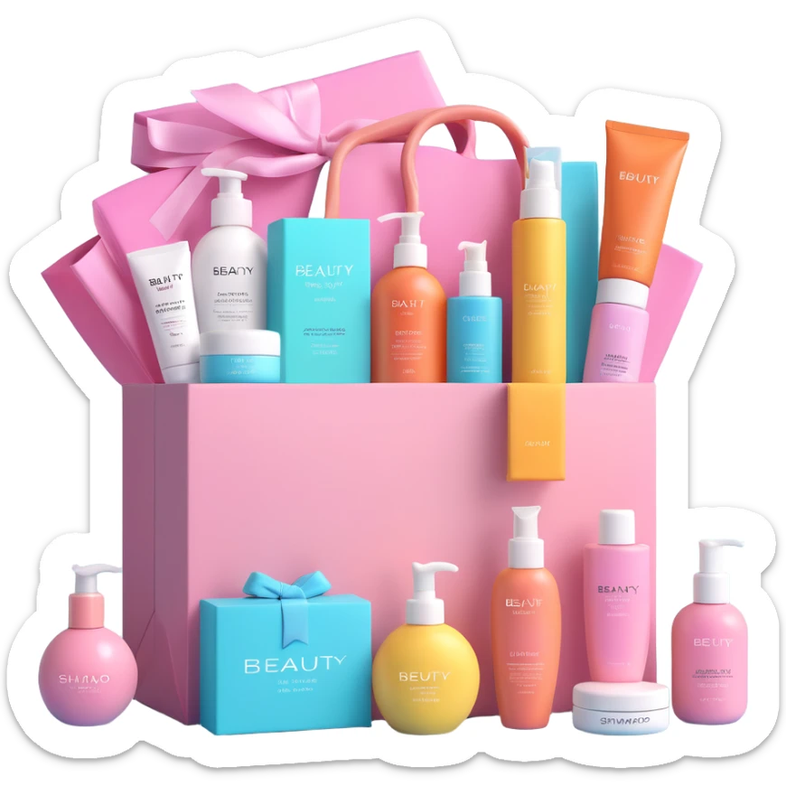 Gift bag with beauty products (shampoo, creams, styling products), a gift bag is beautyful open box full of luxury brand-labeled beauty products sticker
