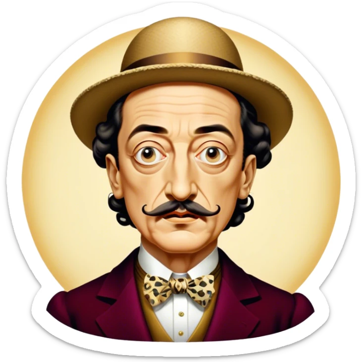 Cinematic Realistic portrait of Salvador Dalí, depicted as a surrealist artist with eccentric, expressive features and his iconic mustache, rendered with vibrant, imaginative lighting and richly detailed period attire that capture his avant-garde essence. sticker