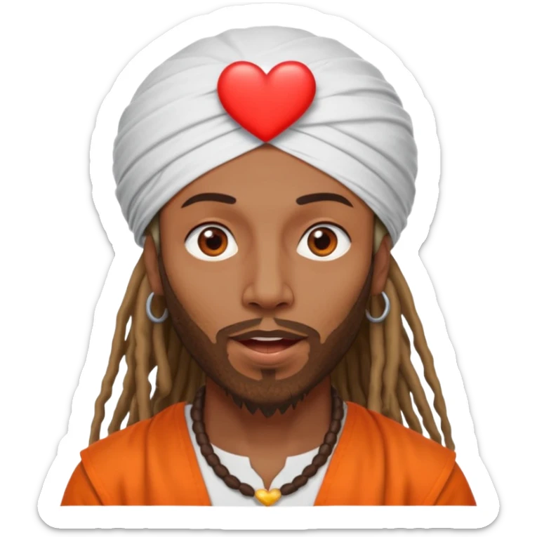 Brownskin man with long dreadlocks orange shirt add white dubai turban add red heart in both of his eyes mouth open  sticker