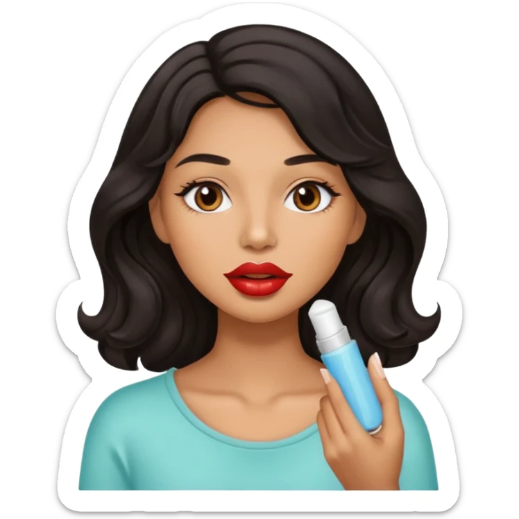 A gorgeous with black wavy hair women applying lipbalm on her brown lips sticker