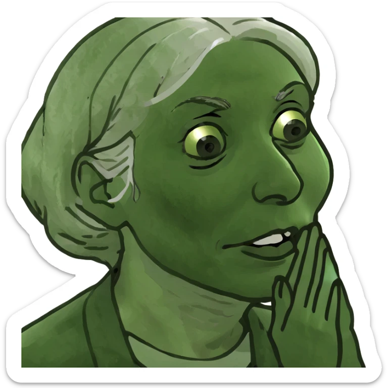 old woman with semi blond hair with hand that close mouth sticker